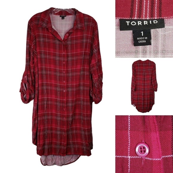 Torrid Womens Plus 1X 1 Red Plaid Long Sleeves Button Down Dress Collared - Picture 1 of 9